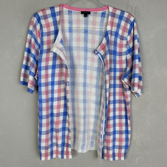 Talbots size L short sleeve lightweight cardigan navy pink check cotton blend - Picture 8 of 10